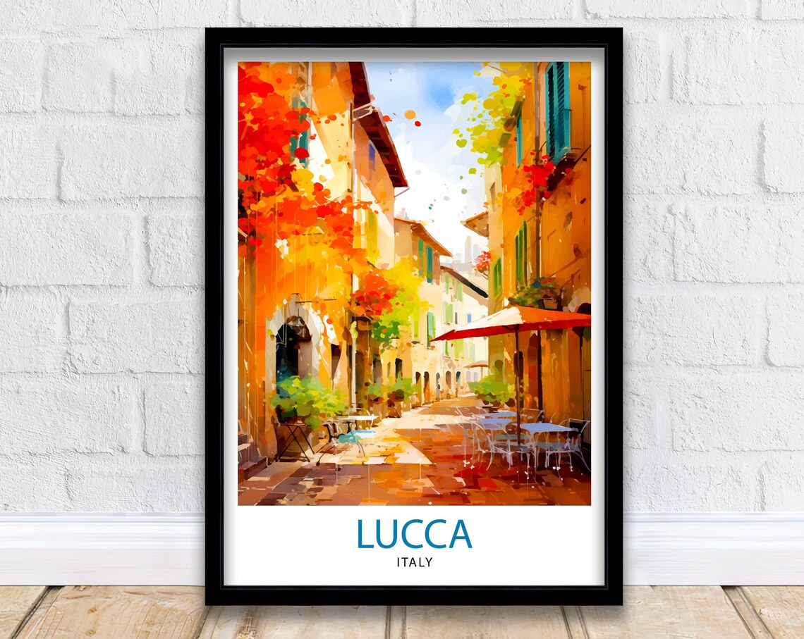 Lucca Italy Sunlit Old Town Street Cafe Watercolor Art Poster