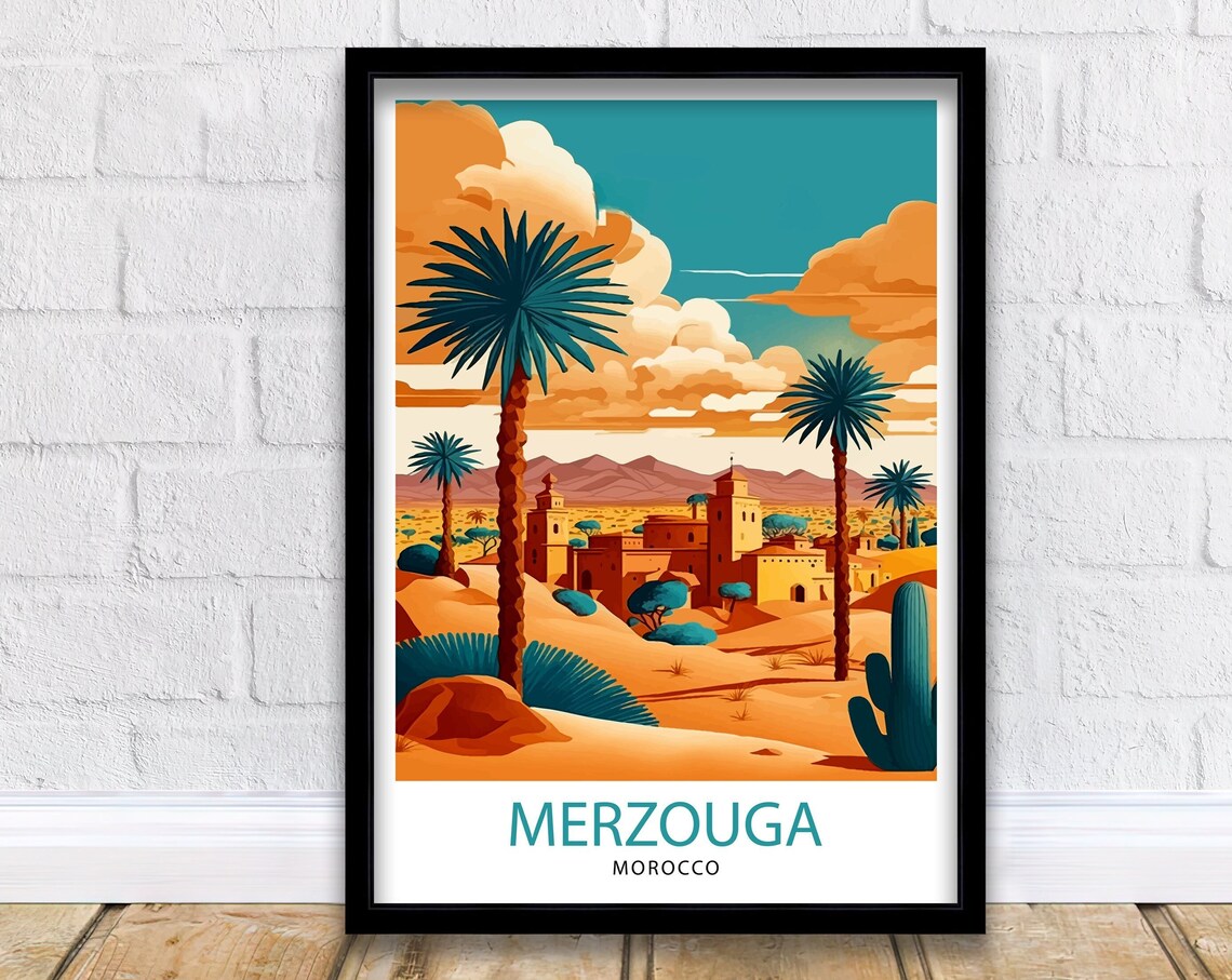 Merzouga Morocco Golden Desert Oasis Palms Village Dunes Poster