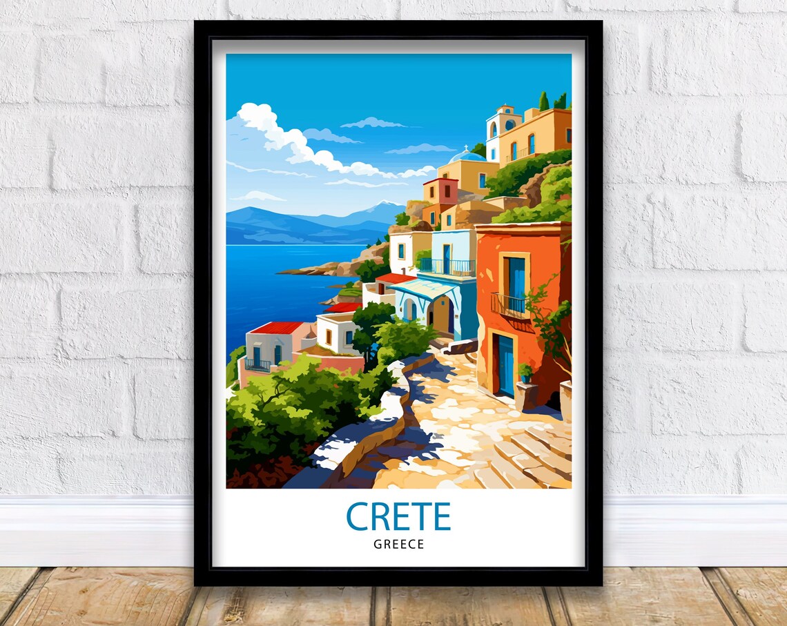 Crete Colorful Village Street Aegean Sea View Mediterranean Poster