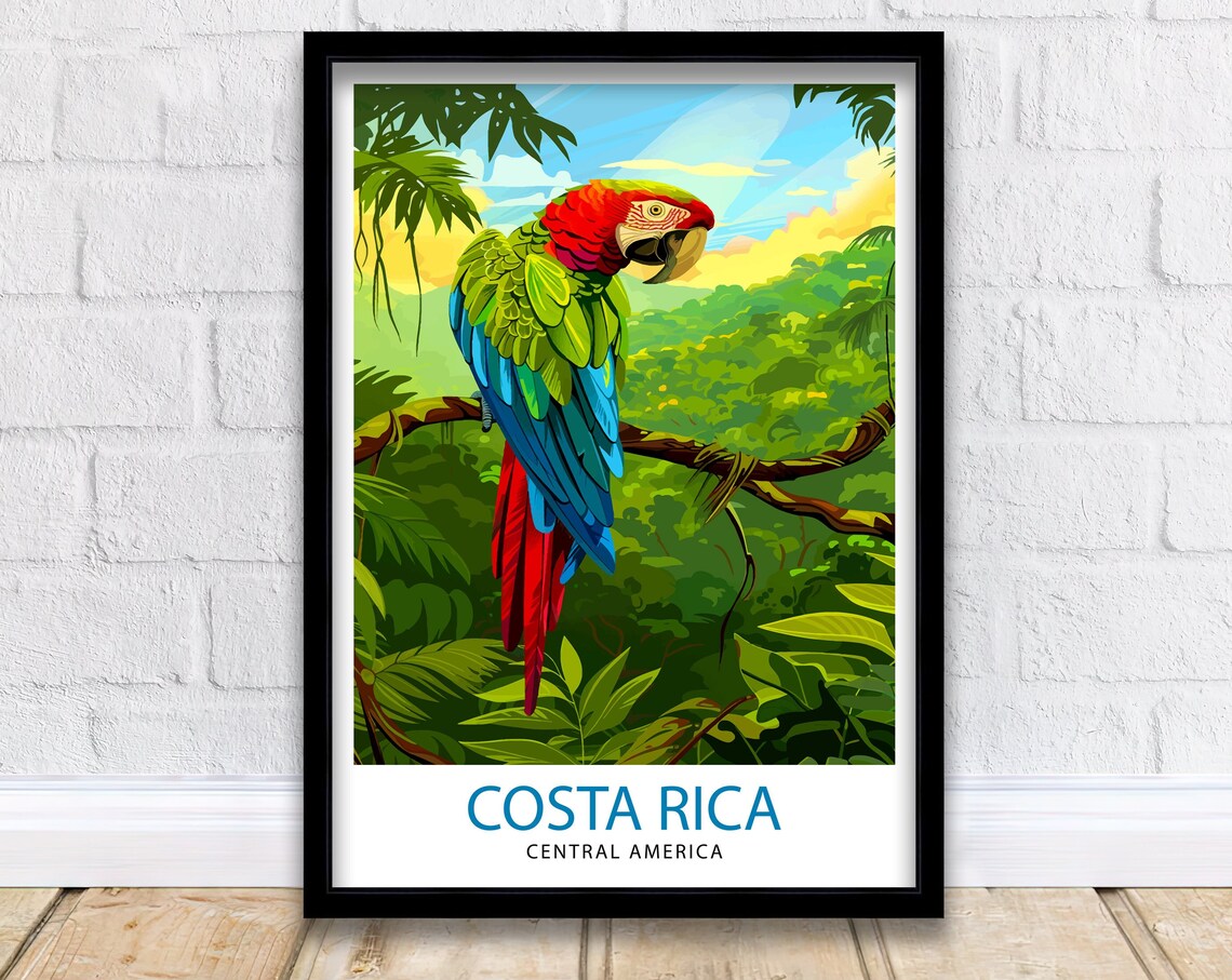 Costa Rica Central America Scarlet Macaw Jungle Vintage Travel Poster