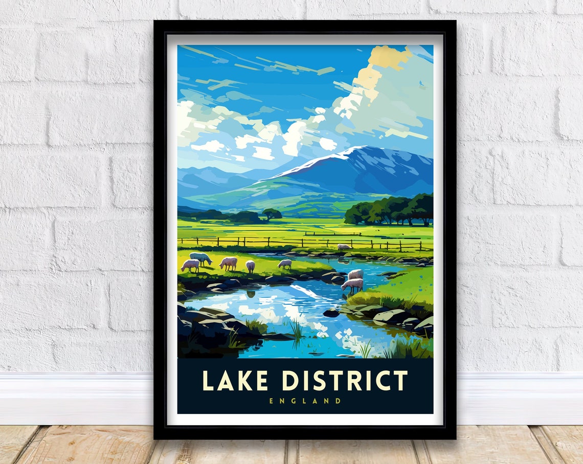 Lake District England Snow Peak Valley Stream Sheep Travel Poster