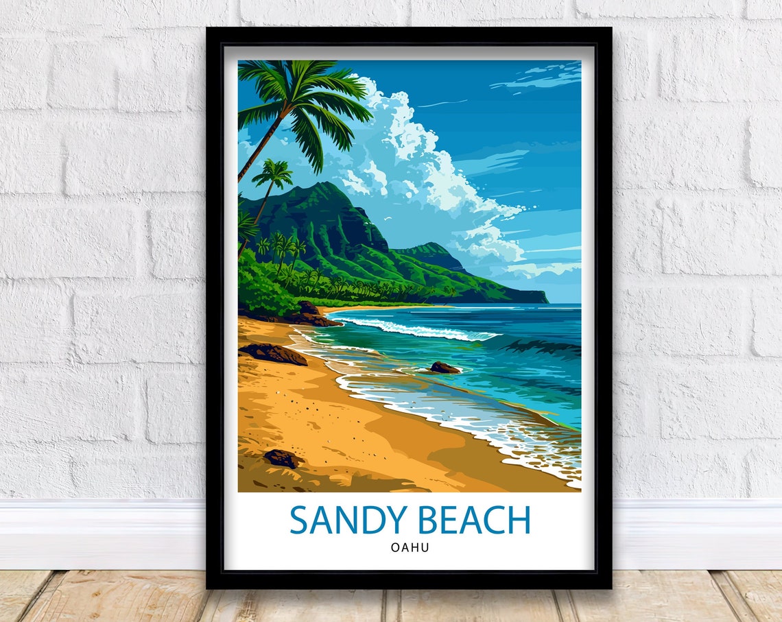 Sandy Beach Oahu Palm Cliffs Tropical Shore View Travel Poster