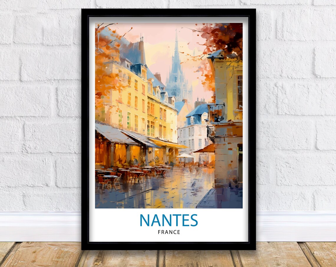 Nantes France Watercolor Cafe Street Golden Hour Old Town Poster