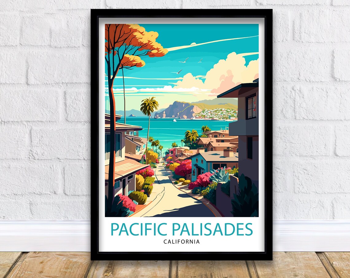 Pacific Palisades California Coastal Street Palms Sunset Travel Poster