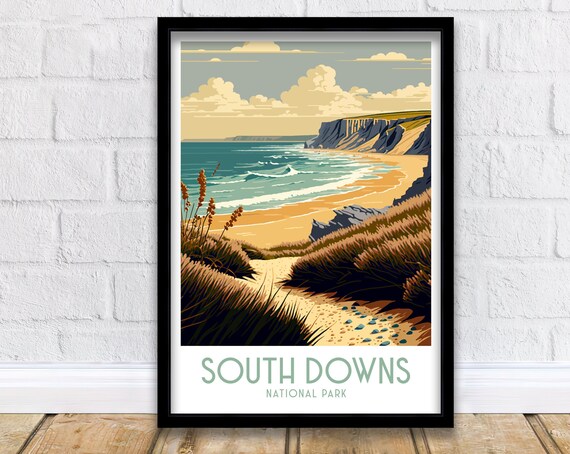 South Downs National Park Chalk Cliffs Beach England Travel Poster
