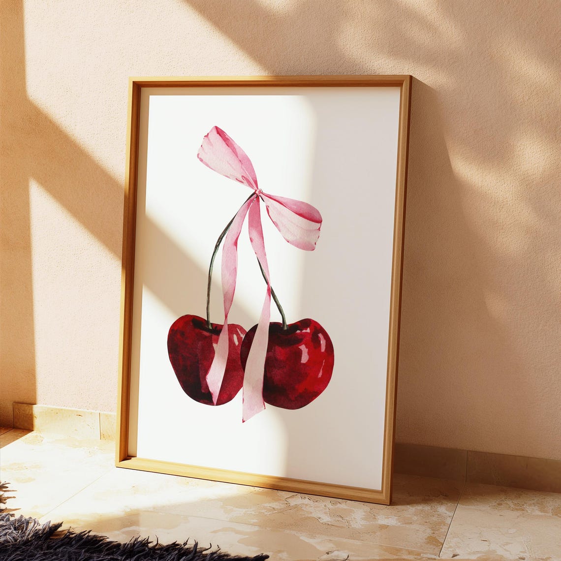 Watercolor Cherry With Pink Bow Coquette Kitchen Wall Poster - Image 2