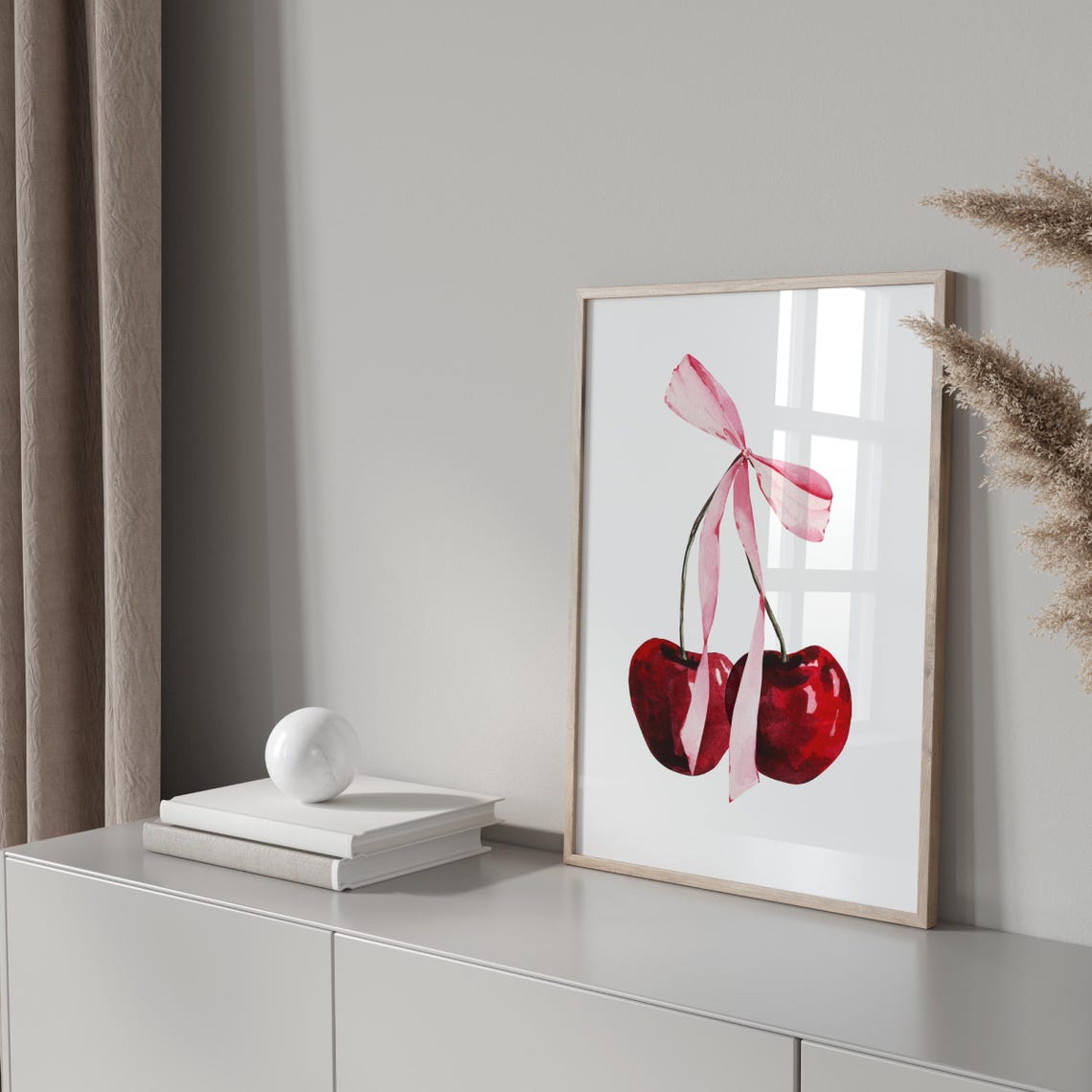 Watercolor Cherry With Pink Bow Coquette Kitchen Wall Poster - Image 3