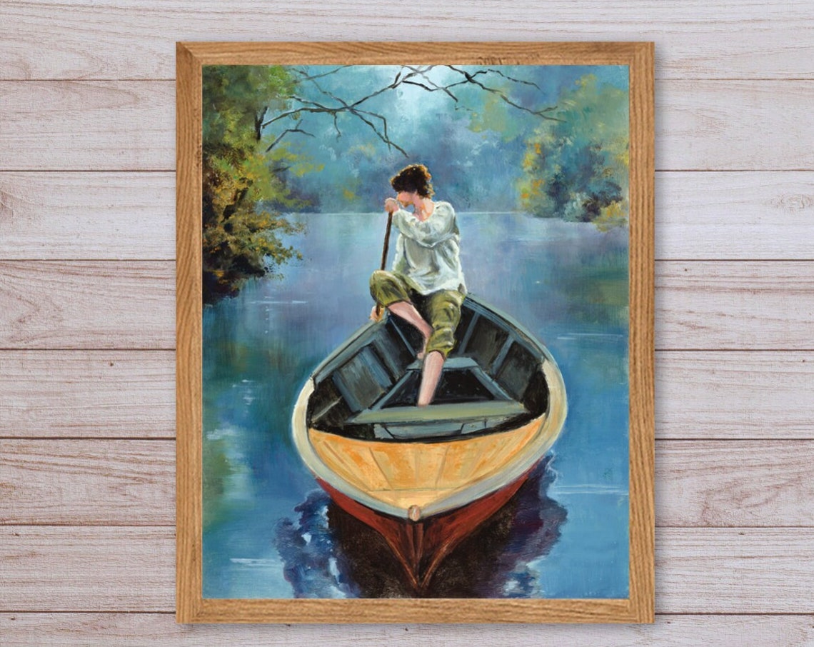 Young Man Paddling Boat Misty Blue River Trees Oil Painting Poster - Image 6