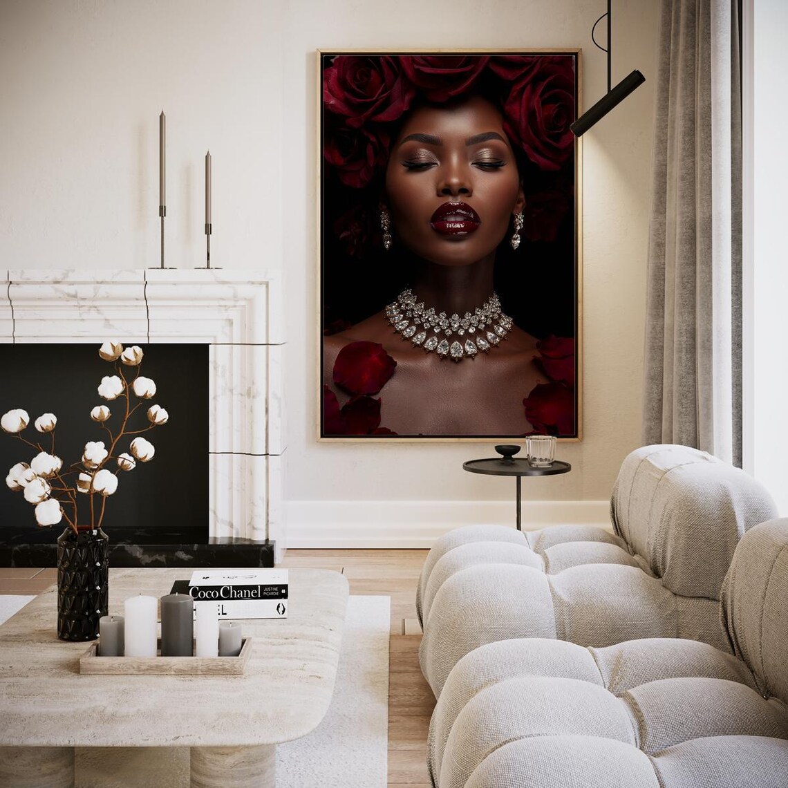 Black Woman Red Roses Headdress Diamond Choker Glamour Art Poster