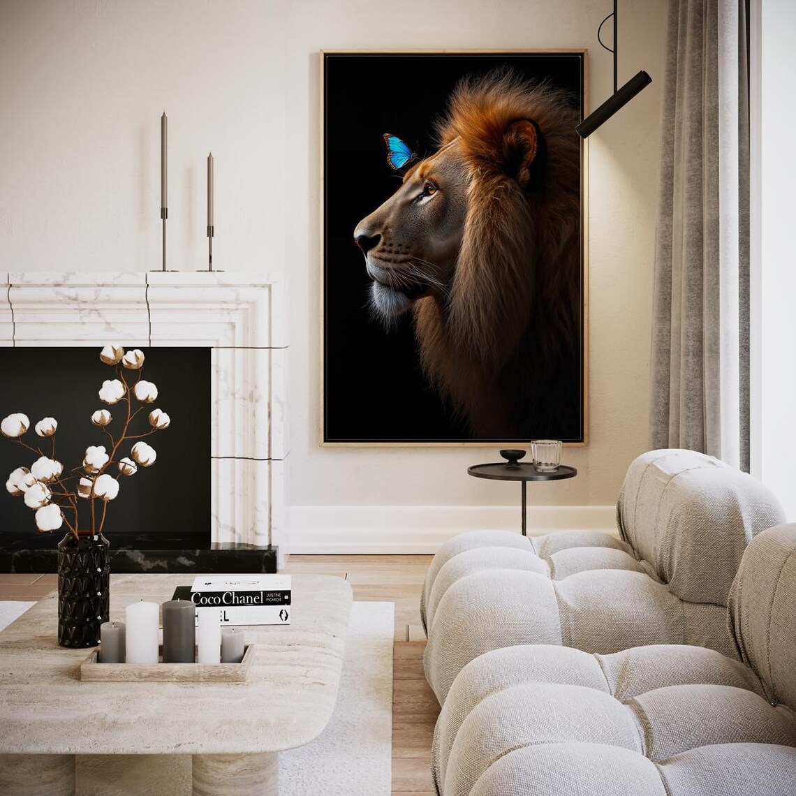 Golden Lion Portrait with Blue Butterfly on Black Wildlife Wall Art