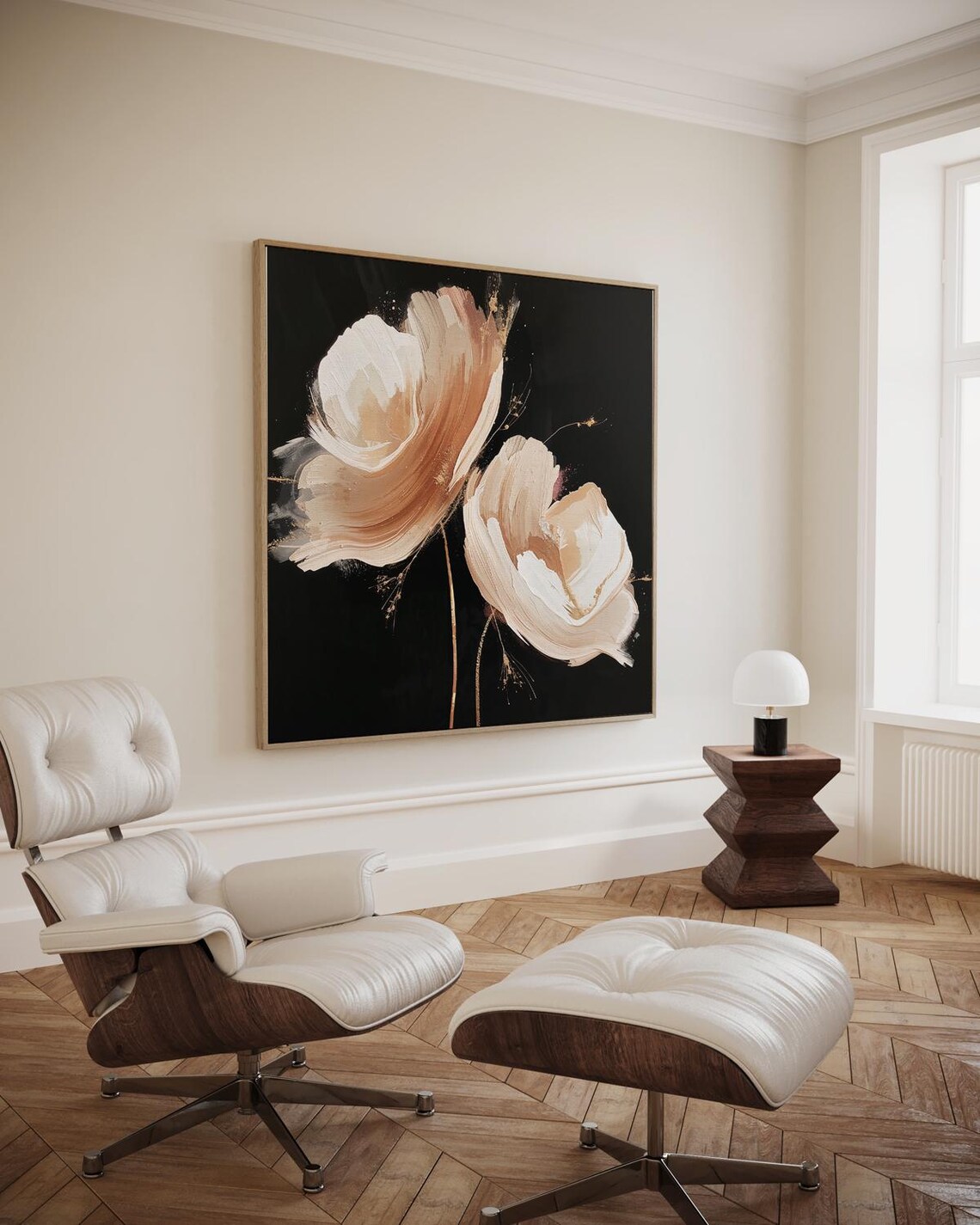 Two Abstract Flowers In Beige On Black Background With Soft Brushstrokes Artwork Wall Art