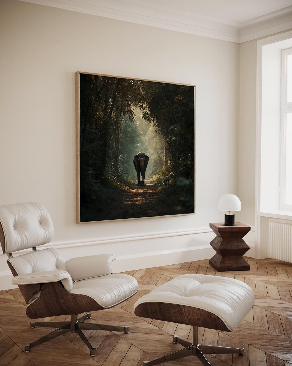 Lone Elephant In The Misty Jungle Path Artwork Wall Art