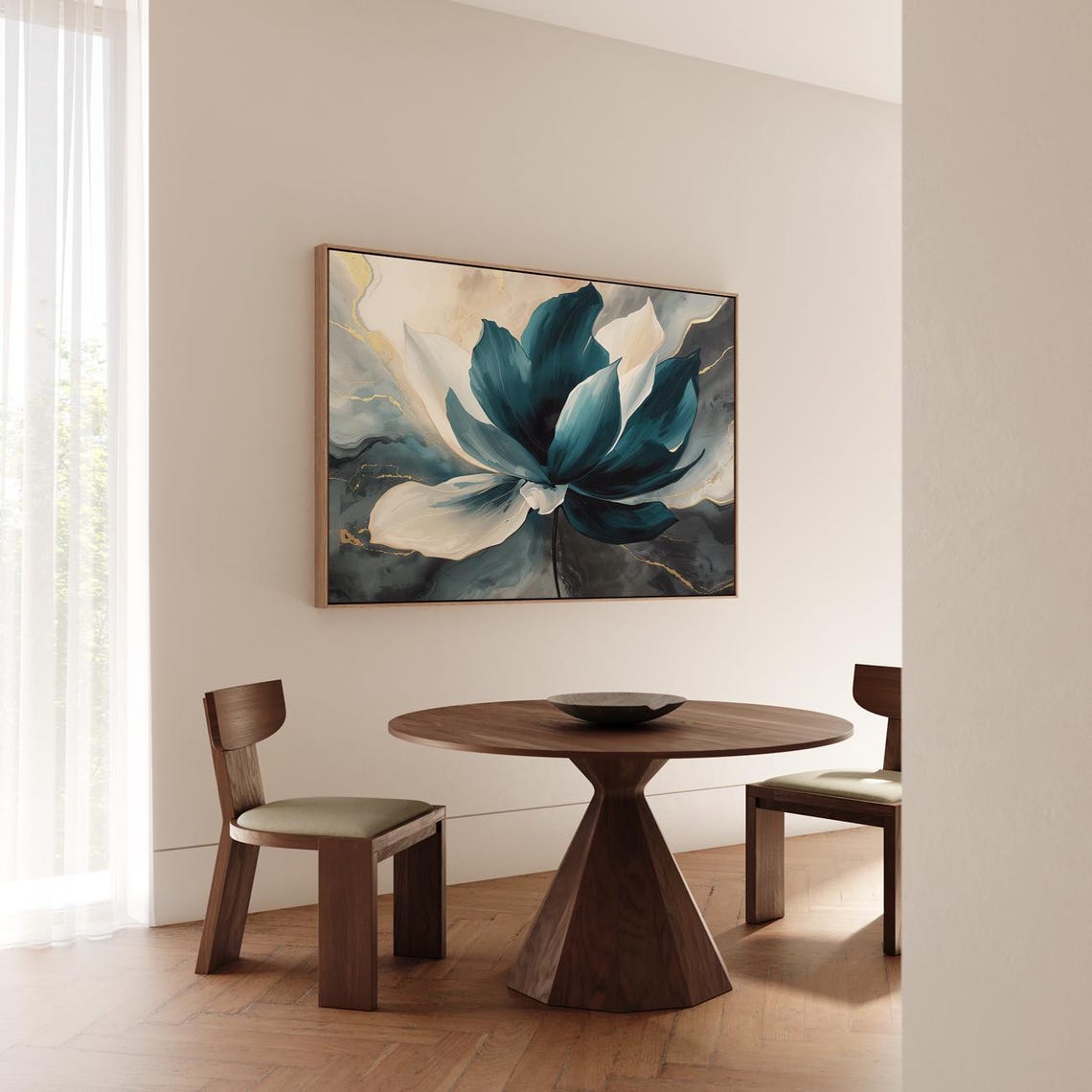 Teal White Abstract Flower Print Navy Botanical Modern Home Decor