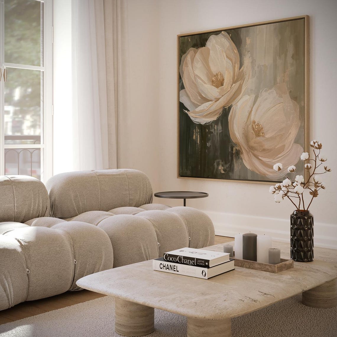 Blush Cream Blooms Dark Green Painterly Elegant Floral Wall Art