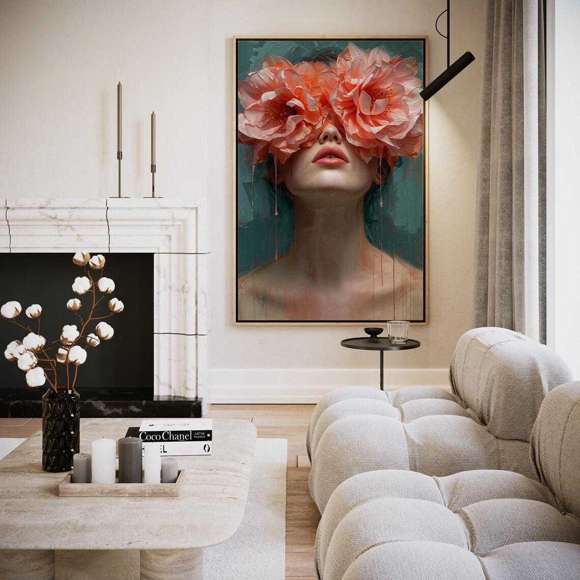 Shrouded By Floral Splendor Woman Coral Blooms Surreal Wall Art