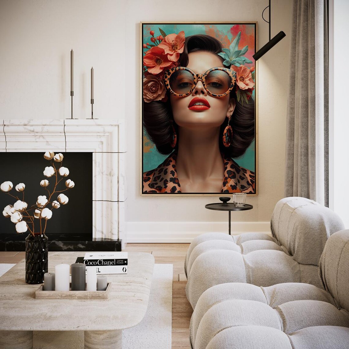 Glamorous Retro Beauty Woman Sunglasses Teal Floral Portrait Poster