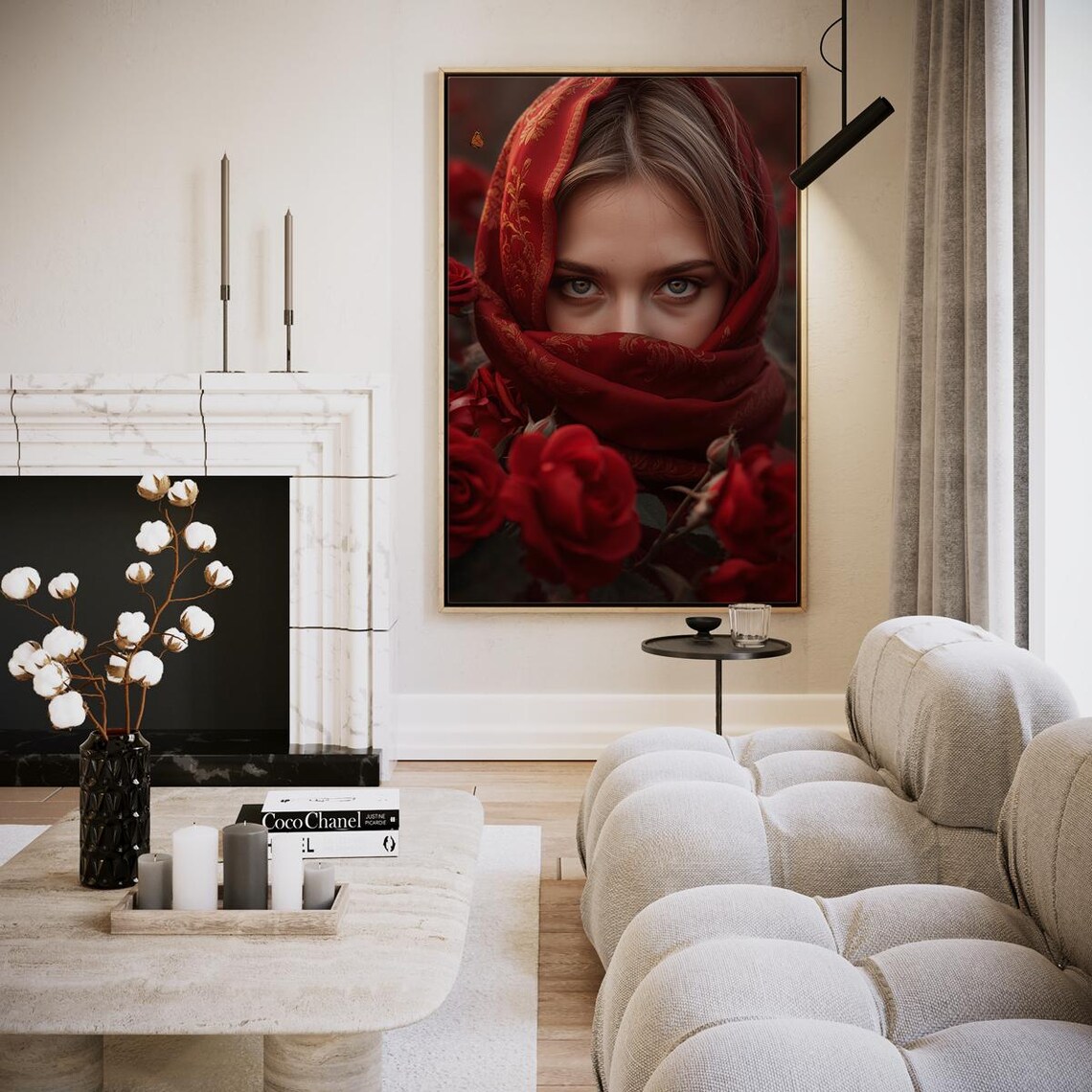 Romantic Woman in Crimson Headscarf with Red Roses Portrait Wall Art