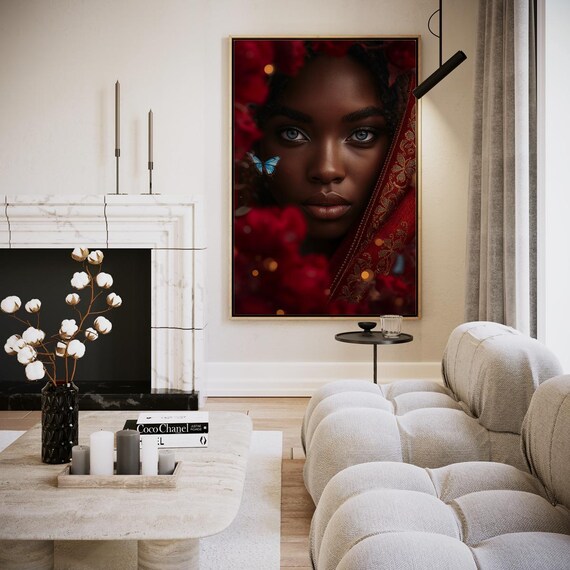 Woman Red Scarf Blue Butterfly Roses Portrait Elegant Floral Art Print