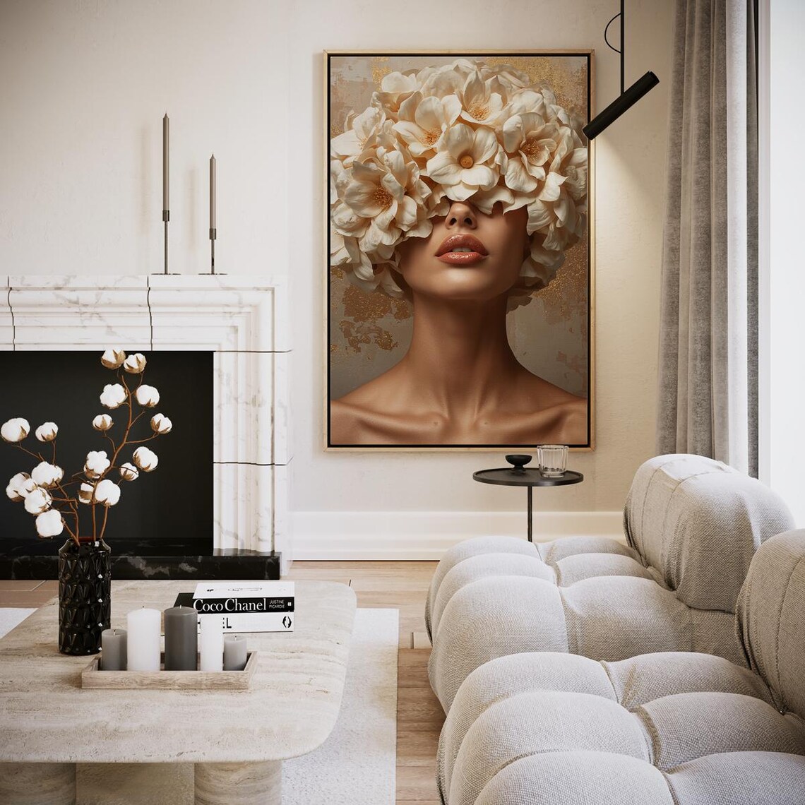 Covered In Floral Splendor Woman White Blooms Gold Elegant Wall Art