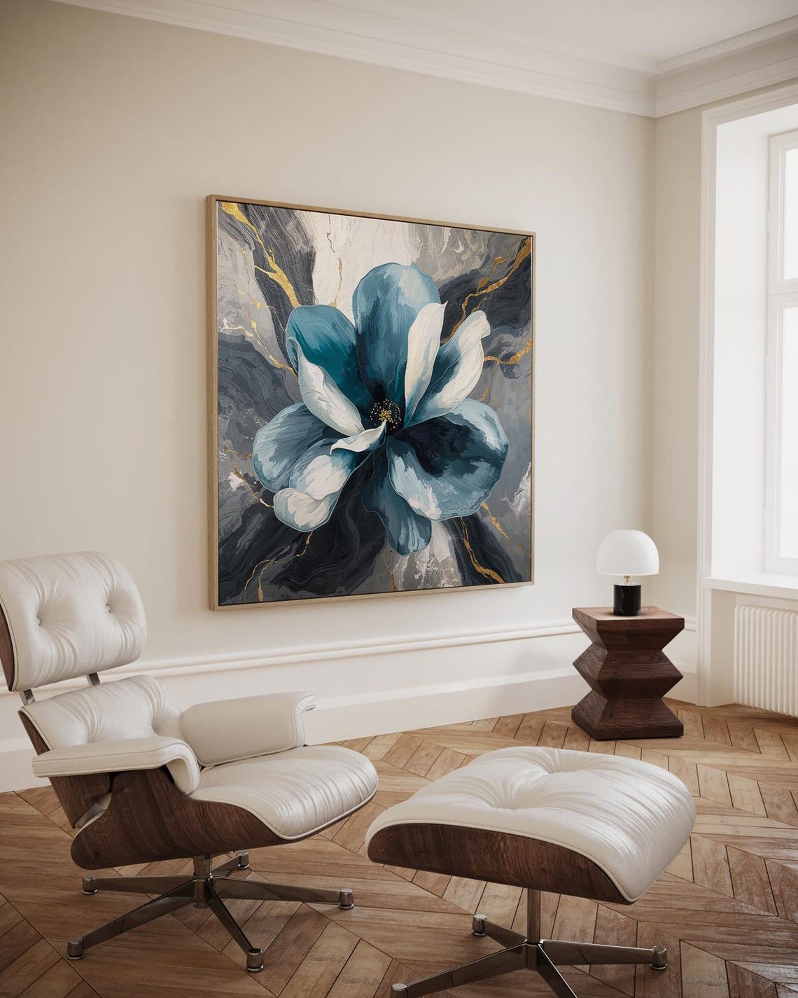 Soft Blue Flower Painting Marble Background Botanical Art Poster