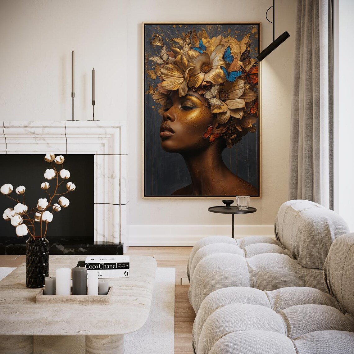 Golden Flower Crown Woman Butterflies Dark Floral Portrait Wall Art
