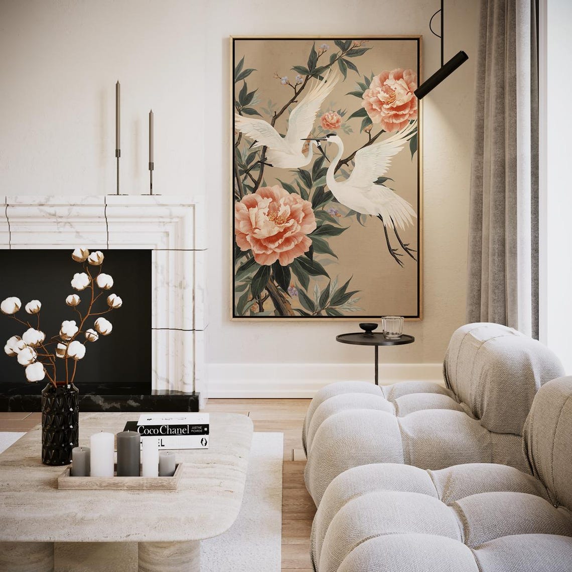 Blush White Cranes And Peonies Japanese Floral Elegant Art Print