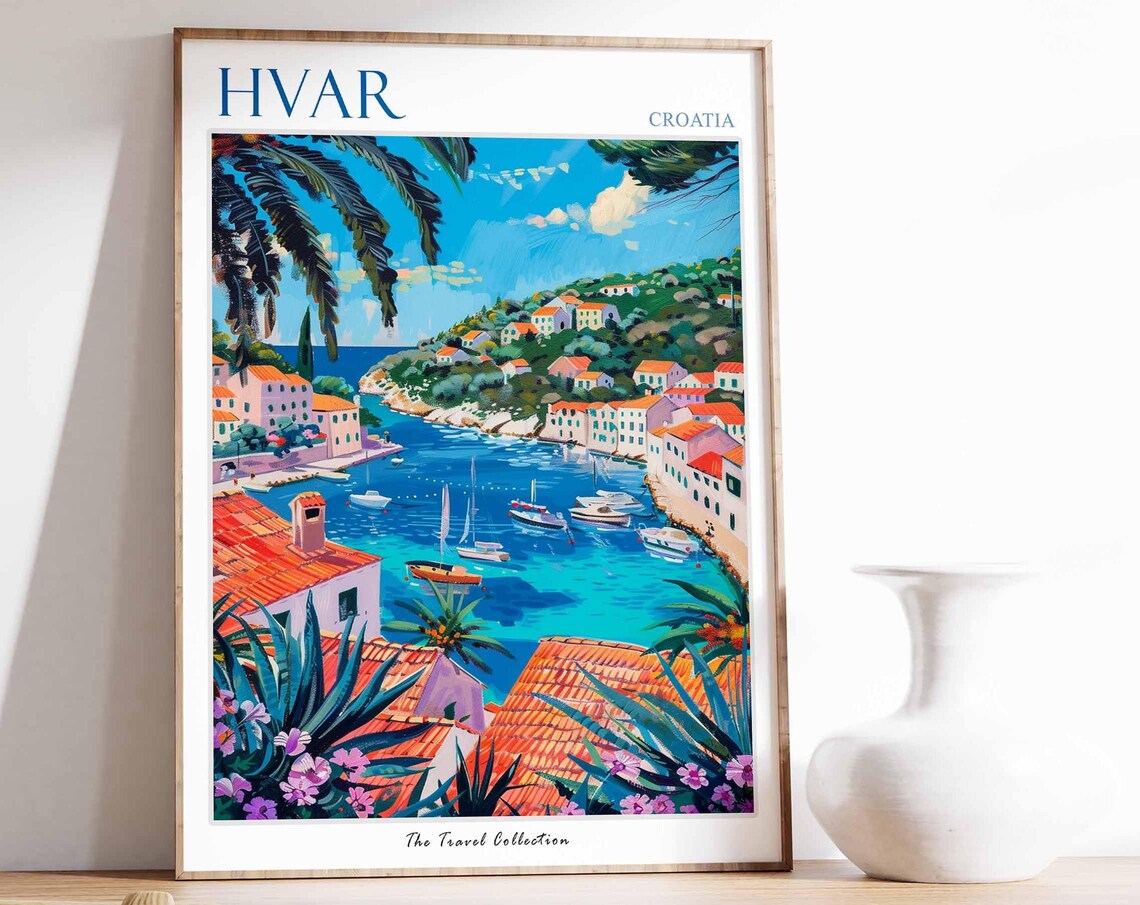 Hvar Croatia Turquoise Harbor Sailboats Island Town Painting Poster