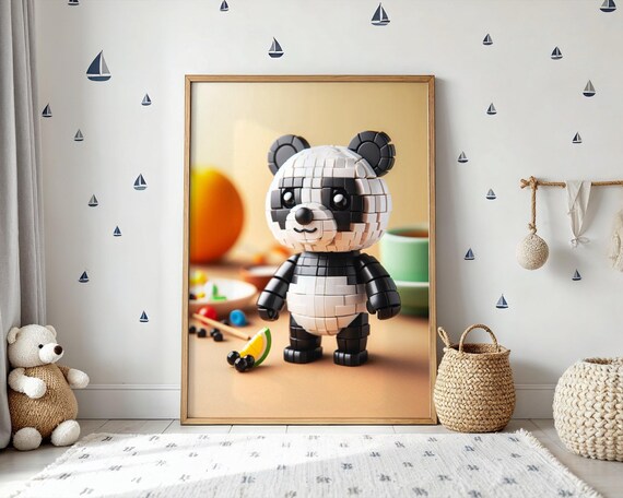 Panda Nursery Wall Art With Building Blocks Playroom Decor For Boys And Girls Cute Print Or Kids Room