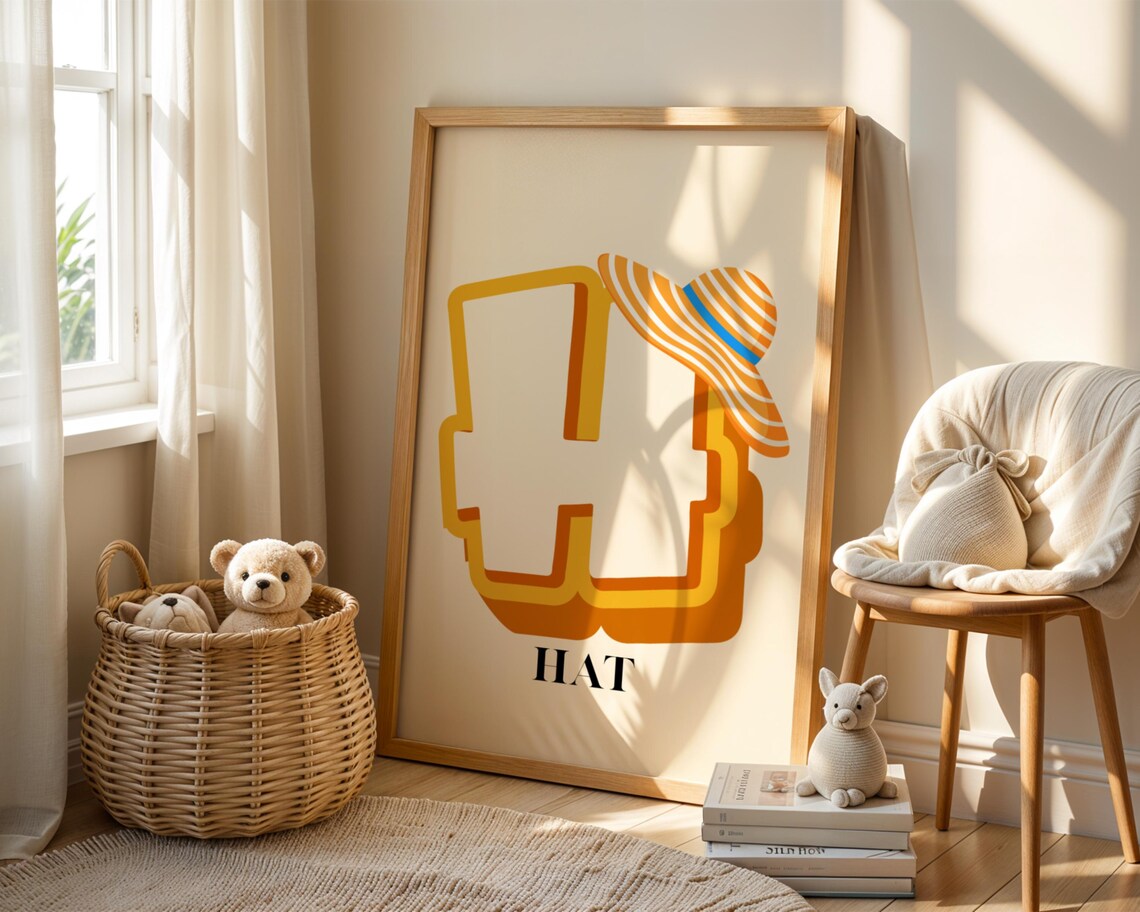 Letter H Sun Hat Alphabet Nursery Poster For Kids Room Decor