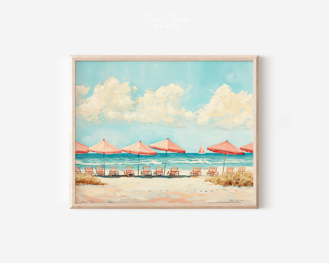 Pink Beach Umbrellas Turquoise Sea Vintage Coastal Summer Wall Art