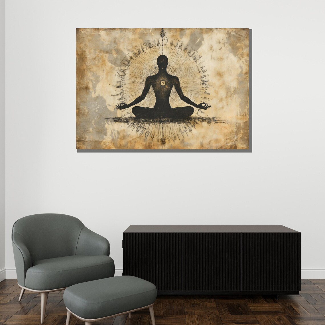Meditation Silhouette Golden Aura Vintage Parchment Minimalist Zen Poster - Image 2