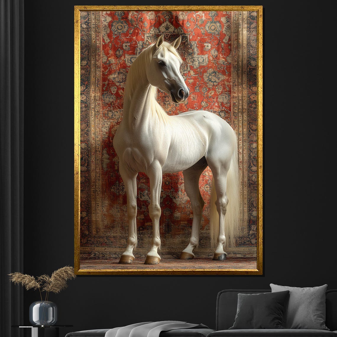 White Arabian Horse Red Tapestry Elegant Equestrian Wall Art