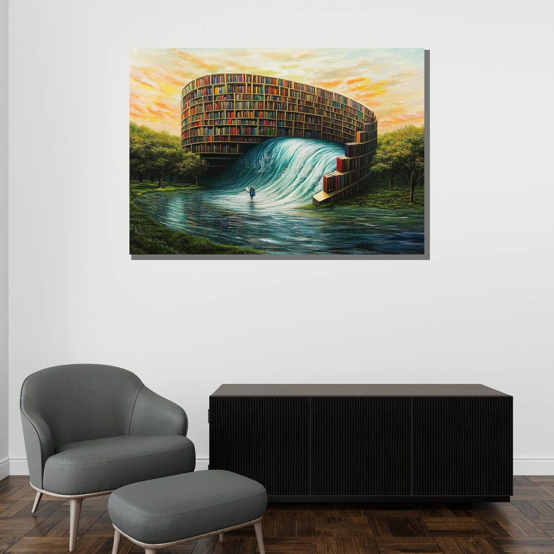 Surreal Library Waterfall Painting Fantasy Wall Art Unique Book Lover Decor Dreamy Gift For Readers - Image 2