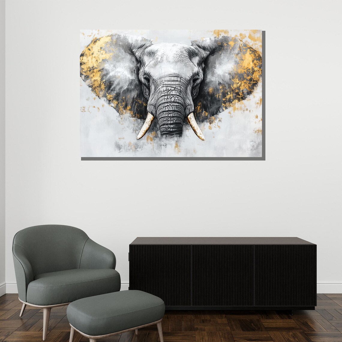 Elephant Head Gold Leaf Painting Gray White Modern Wildlife Animal Wall Art Poster - Image 2