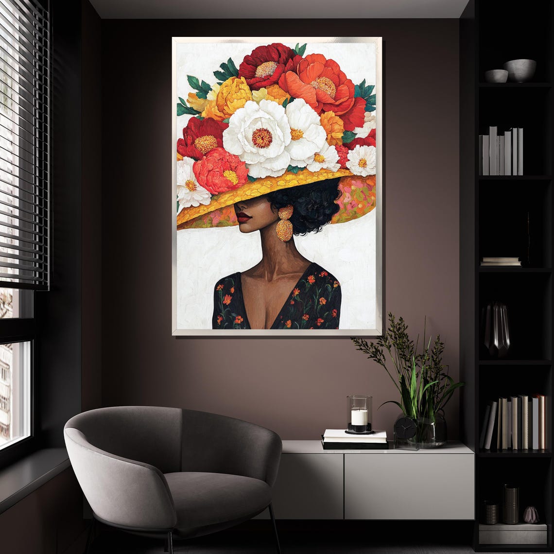Black Woman Floral Hat Peonies Portrait Elegant Gold Frame Wall Art - Image 4