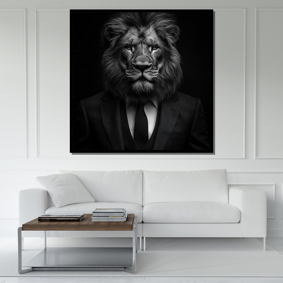 Lion In Suit Black White Boss Portrait Monochrome Funny Wildlife Poster - Image 5