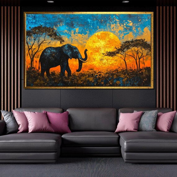 Elephant African Sunset Savanna Silhouette Dramatic Wall Art