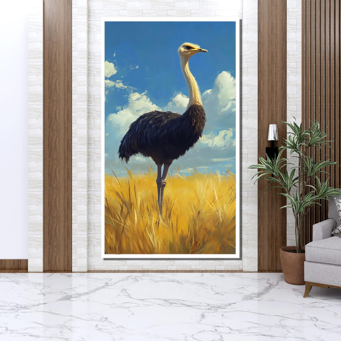 Ostrich Golden Wheat Field Tall Bird Blue Sky Savannah Wall Art - Image 3