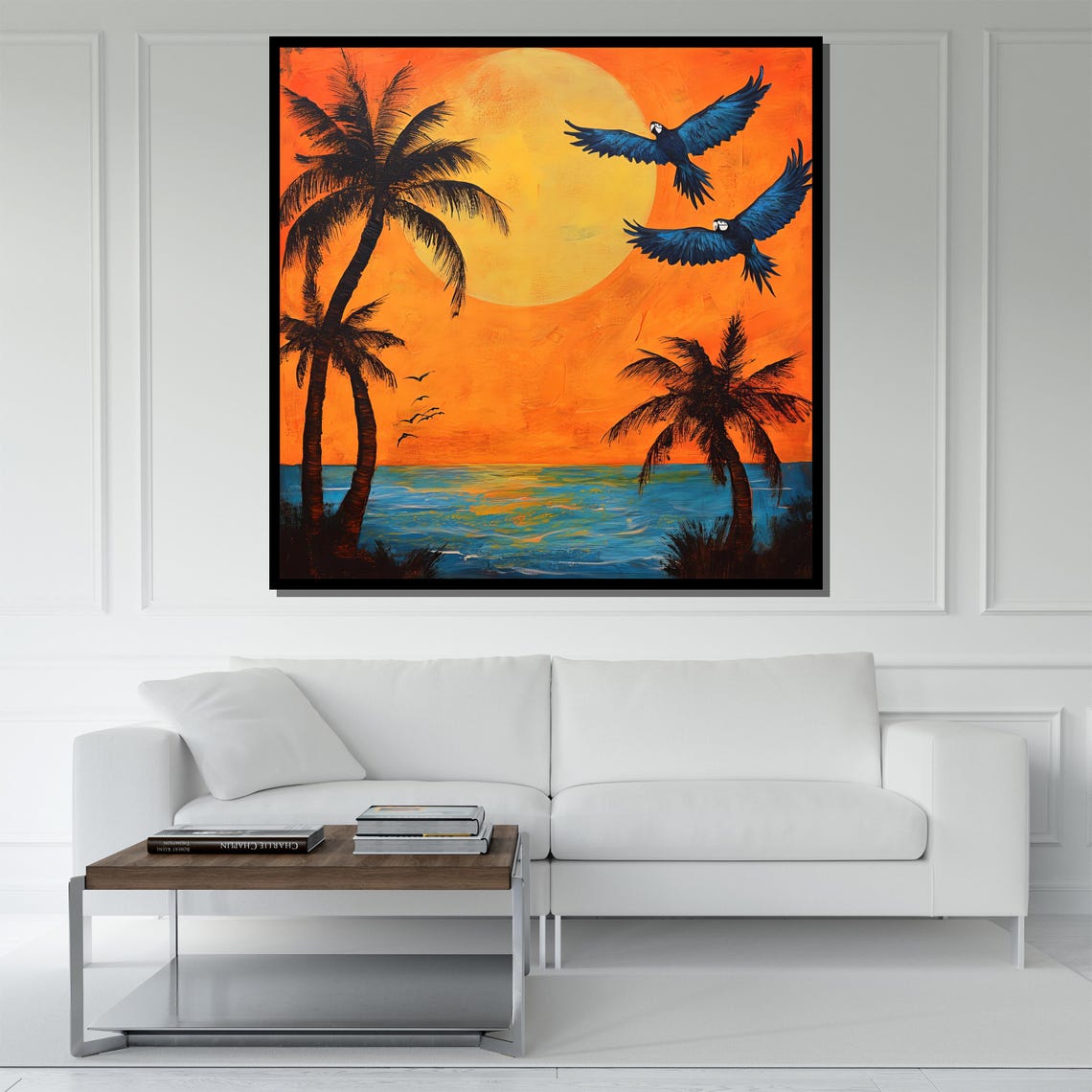 Tropical Sunset Beach Macaws Flying Palm Trees Ocean Wall Art - Image 5