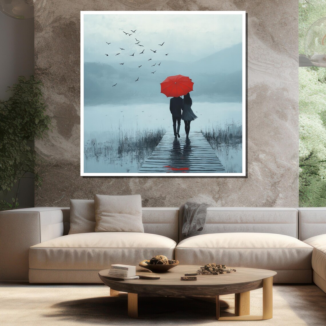 Couple Red Umbrella Misty Lake Boardwalk Birds Minimalist Wall Poster - Image 3