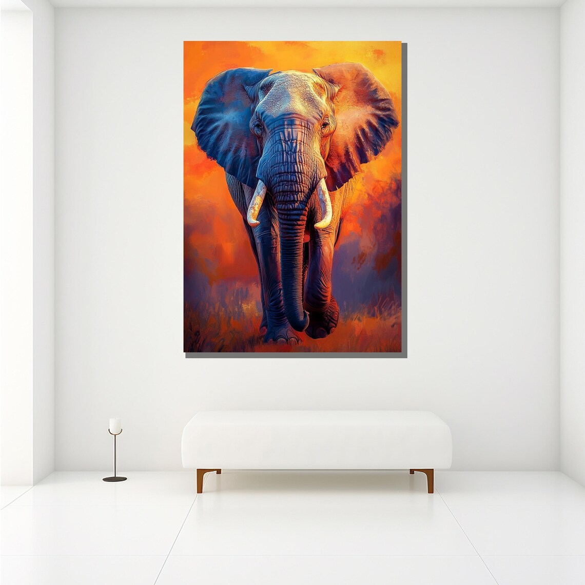 Elephant Walking Sunset Orange Blue Painting Majestic African Wildlife Wall Art Poster - Image 2