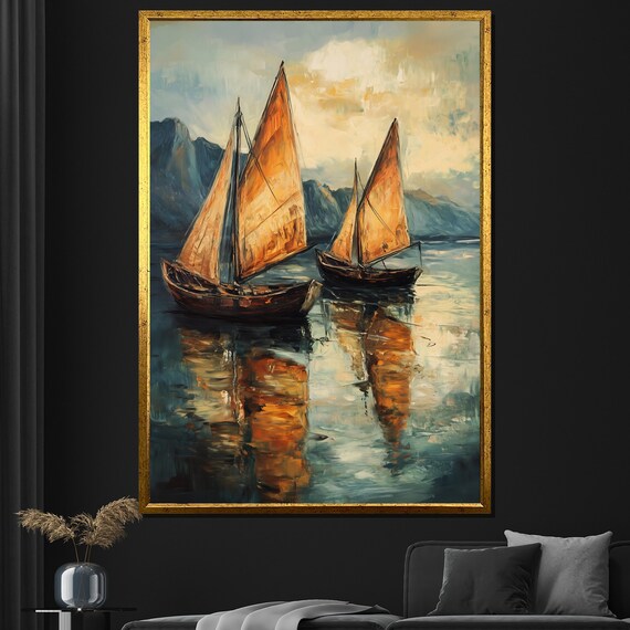 Sailboat Painting Rustic Lake Wall Art Nautical Landscape Artwork Vintage Style Home Decor Boat Lover Gift