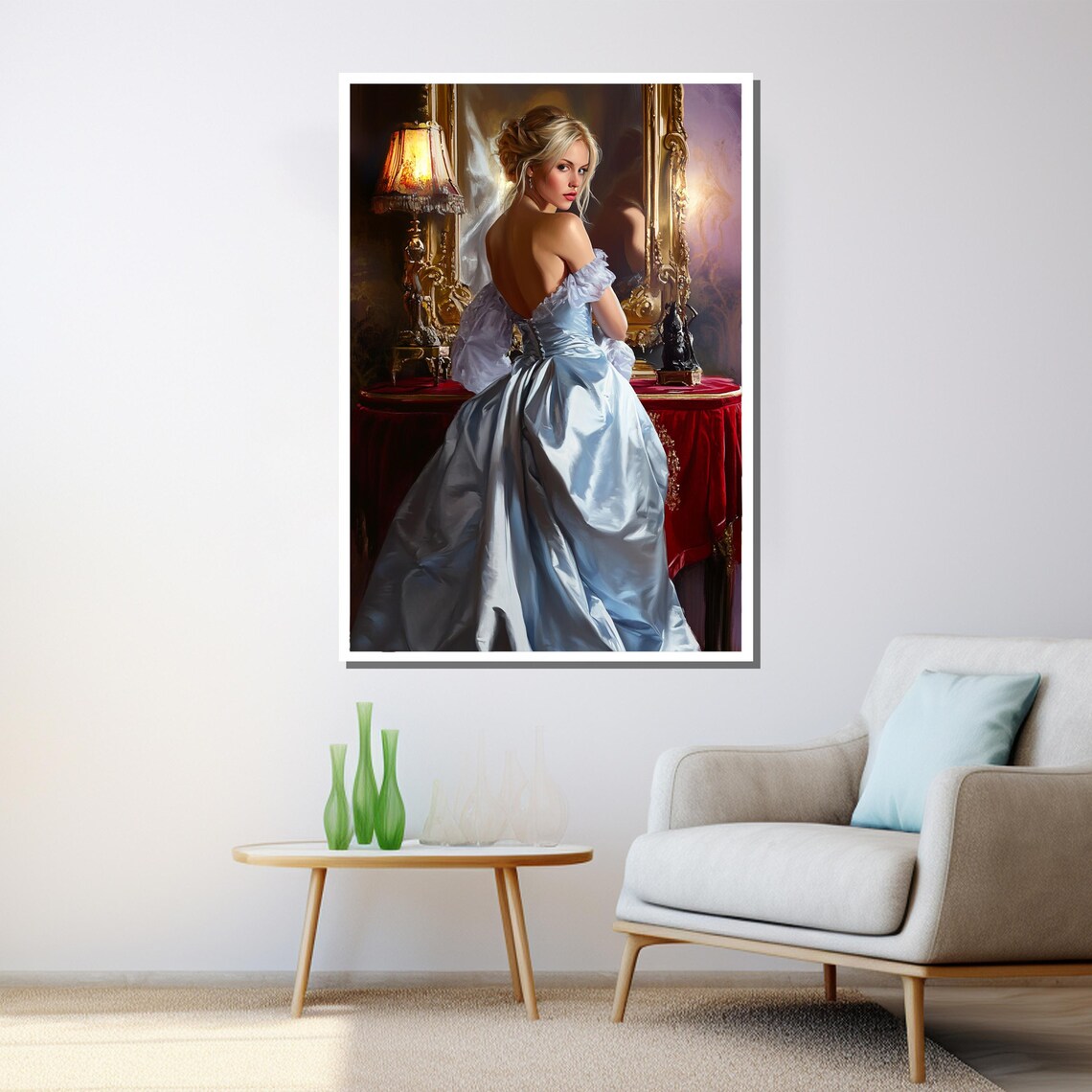 Vintage Elegance Blue Satin Gown Woman Classic Oil Painting Wall Poster - Image 3
