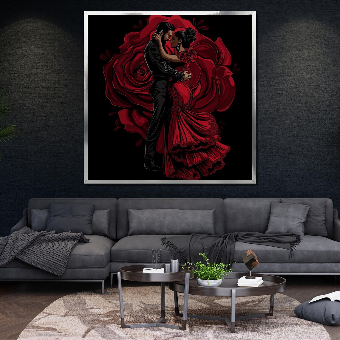 Flamenco Couple Embracing Before Giant Red Rose Graphic Art Poster - Image 4