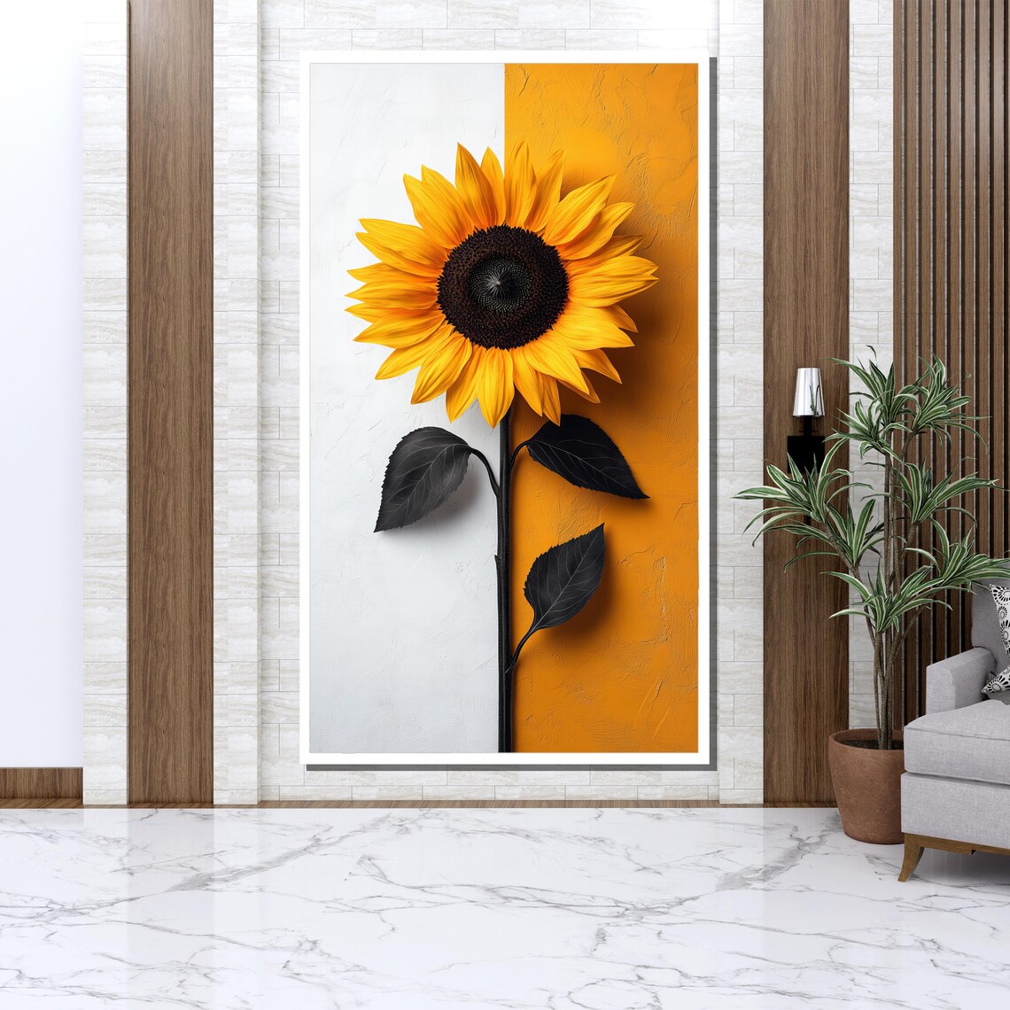 Sunflower On Split White And Yellow Background Modern Art Poster - Image 3