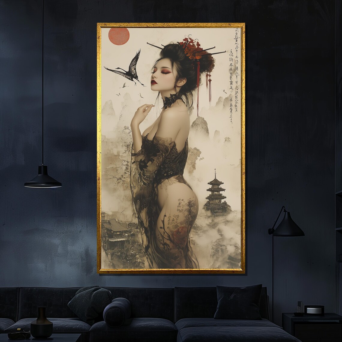Geisha and Red Sun Japanese Asian-Inspired Art Print