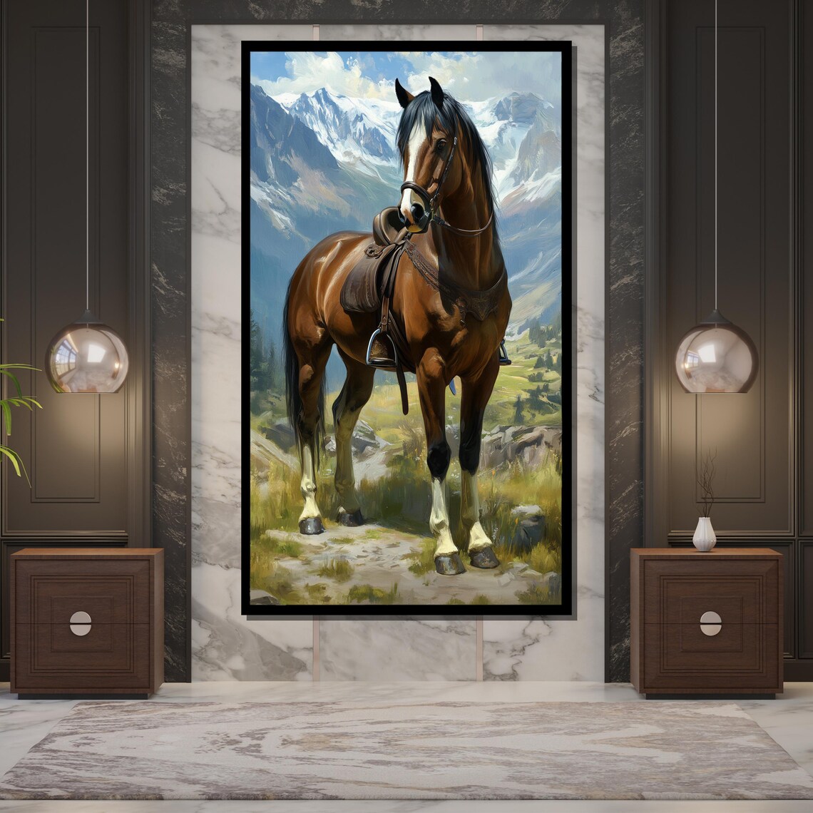 Saddled Brown Horse In Snowy Mountain Landscape Painting Wall Poster - Image 5