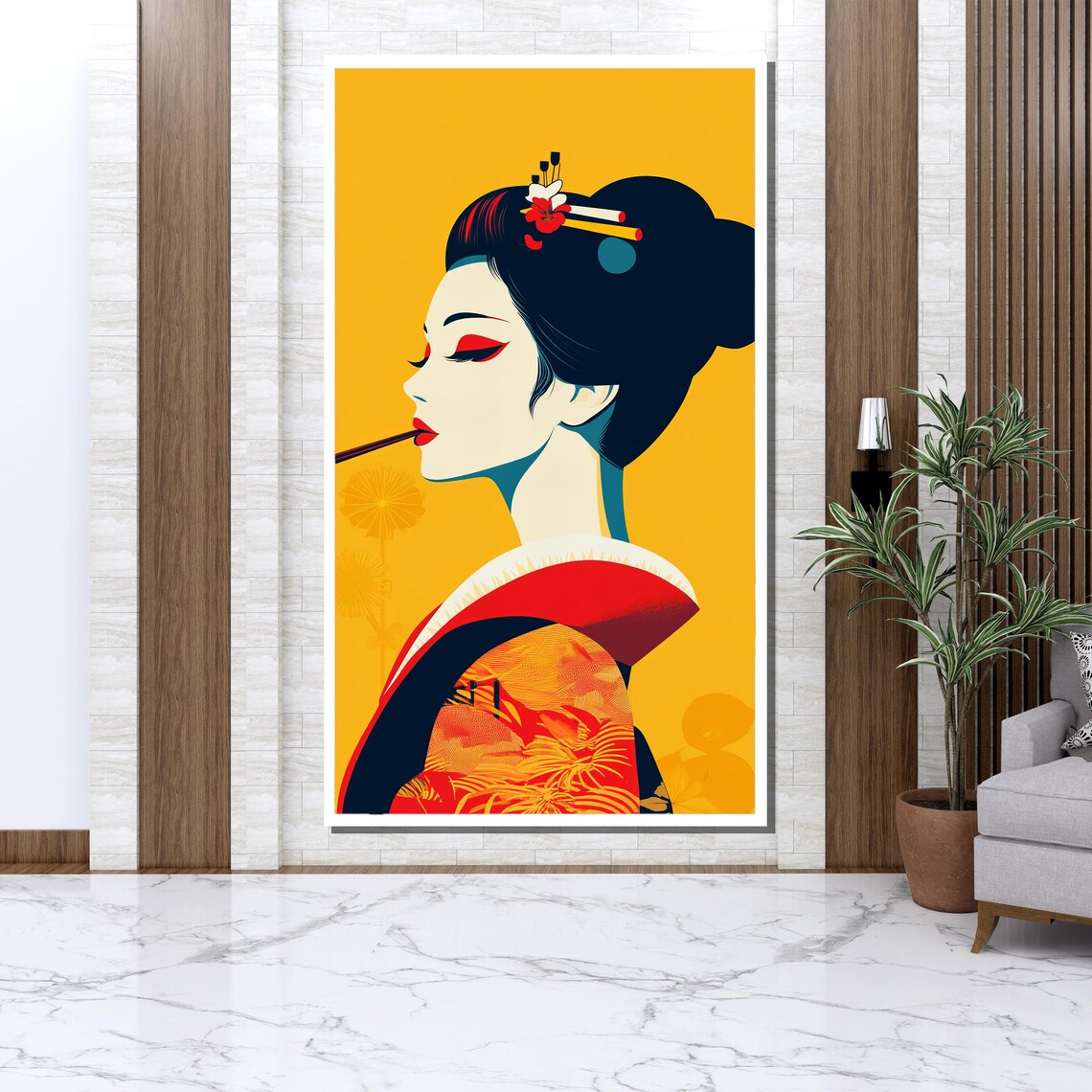 Modern Geisha Portrait On Mustard Yellow Bold Graphic Art Poster - Image 3