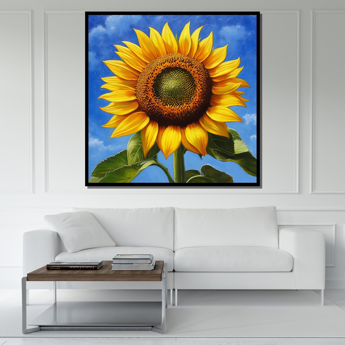 Vibrant Sunflower Blue Sky Close Up Painting Cheerful Floral Wall Art - Image 5