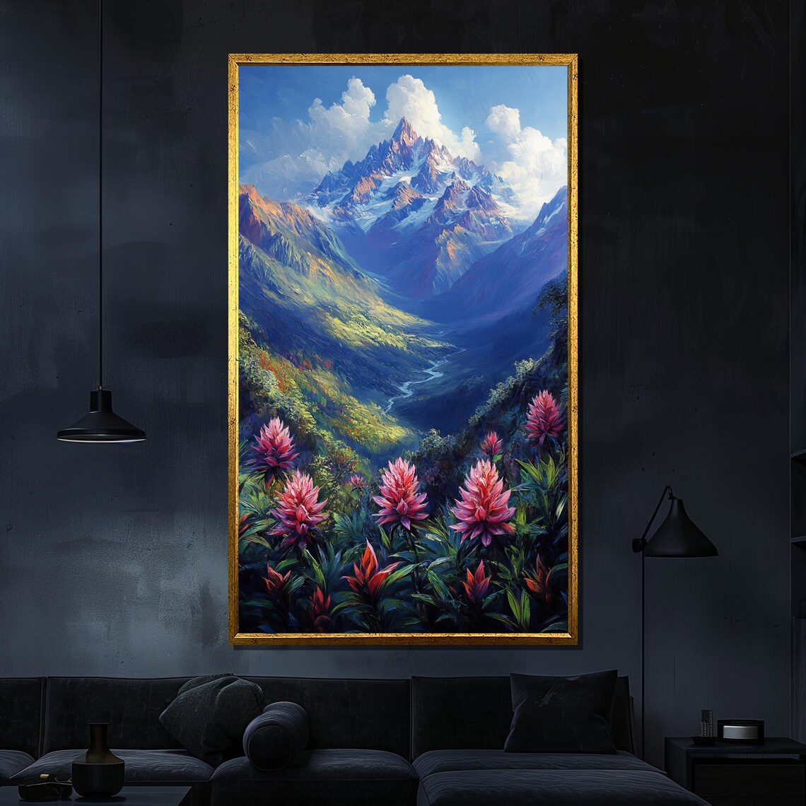 Snowy Mountain Valley Wildflower Meadow Vibrant Nature Painting Poster